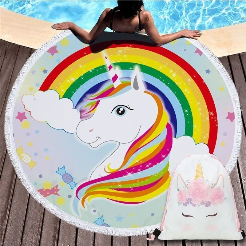 

2019 New Arrival Rainbow Unicorn Round Summer Beach Bath Towel Blanket Game Mat Tapestry With Storage Bag Basket Bundle Pocket