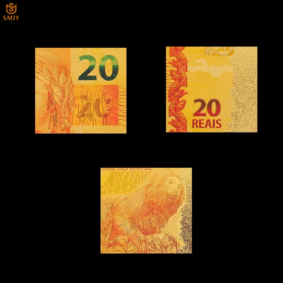 10 шт. в партии цветные золотые банкноты Бразилия $20 Reais Золотая фольга купюры