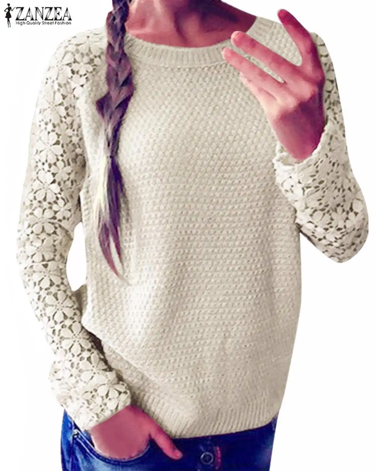ZANZEA осенний вязаный свитер Женский Повседневный свободный ажурный лоскутный кружевной пуловер с длинным рукавом и круглым вырезом женские свитера