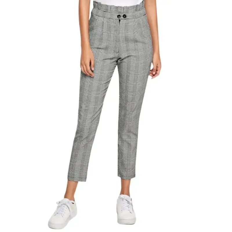 Office Lady Plaid Print Long Harem Pants High Waist Women Capris