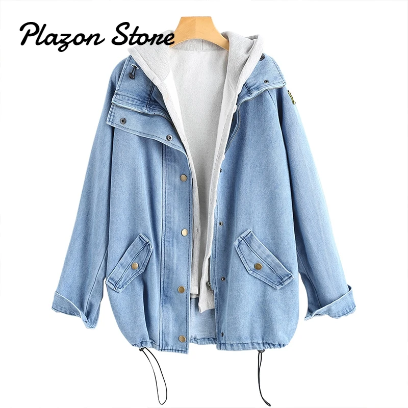 Button Up Denim Jacket And Hooded 2 Pieces 4XL Women Jean Plus Size Autumn Women Coat 2018 New Fashion Casual Jean Coat