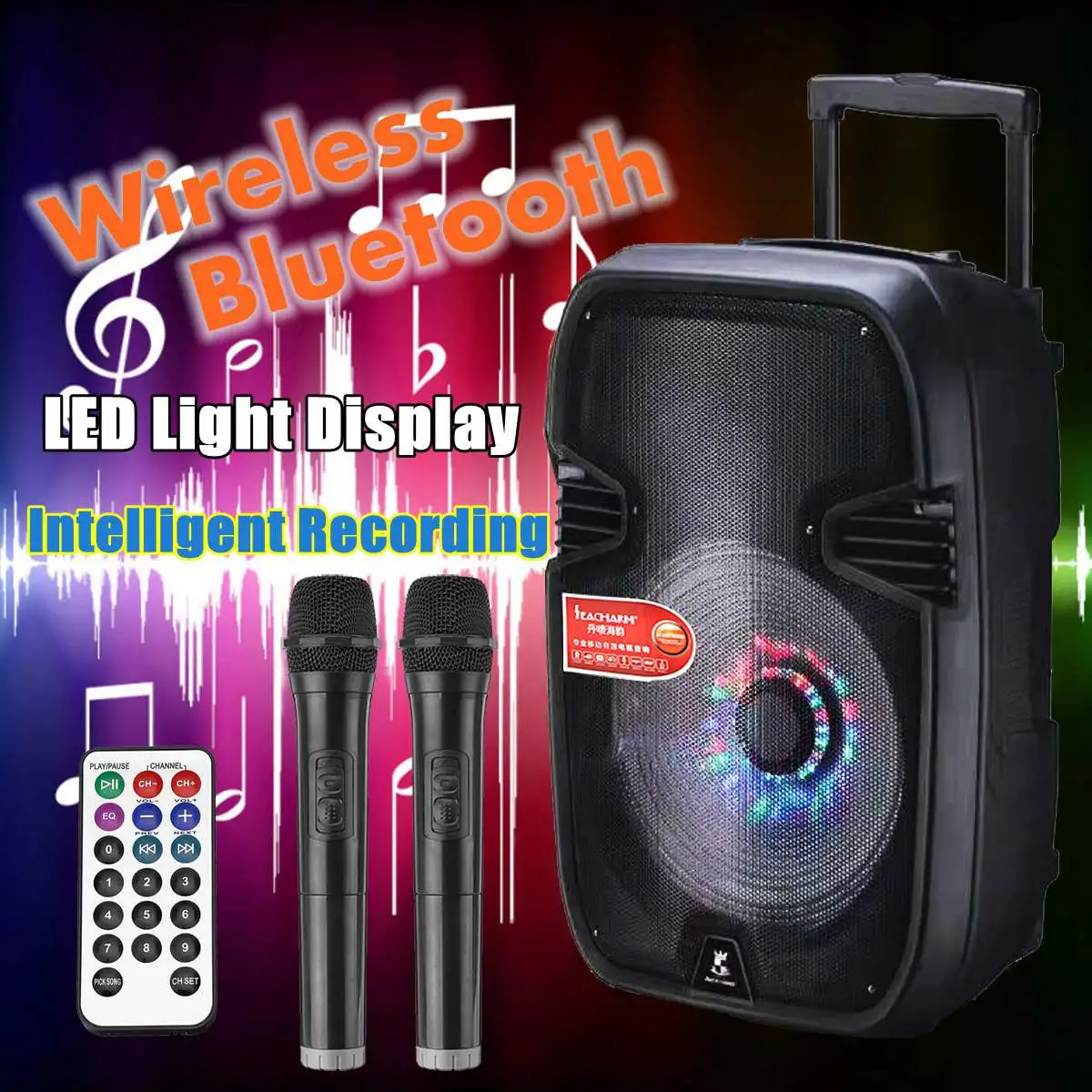 

15Inch bluetooth Wireless LED Light Speaker Karaoke Portable Machine System With 2Pcs Microphone Singing Machine Box Player