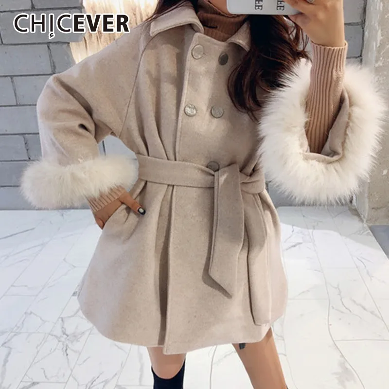 CHICEVER/винтажное пальто женские куртки лоскутный мех воротник рукав высокая талия