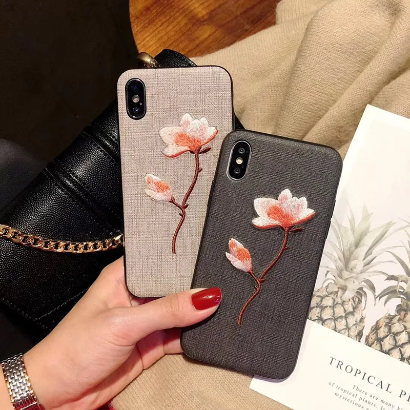 

3D Embroidery Flower Phone Case For iPhone X XS Soft TPU Silicone Cases fabric full protect Cover For iPhone 6 6S 7 8 Plus