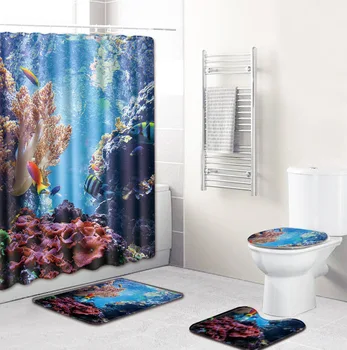 

Ocean Dolphin Deep Sea Polyester Shower Curtain Bathroom Waterproof with 10 Hooks Pedestal Rug Lid Toilet Cover Bath Mat Set