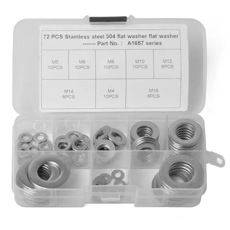 

72pcs/box Stainless Steel Flat Washers 8 Sizes M4 M5 M6 M8 M10 M12 M14 M16