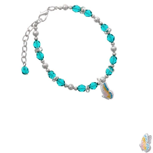 Silvertone Translucent Pastel Flying Butterfly Teal Beaded Bracelet |