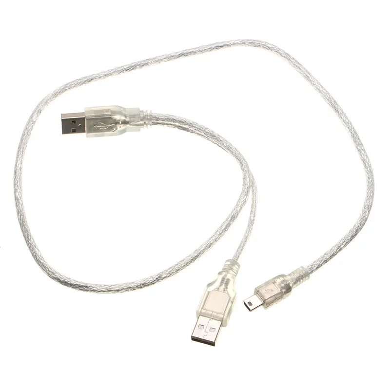 Прозрачный кабель USB 2 0 с двойным штекером типа A для Mini B 5pin Male Y Spliter Кабель зарядки