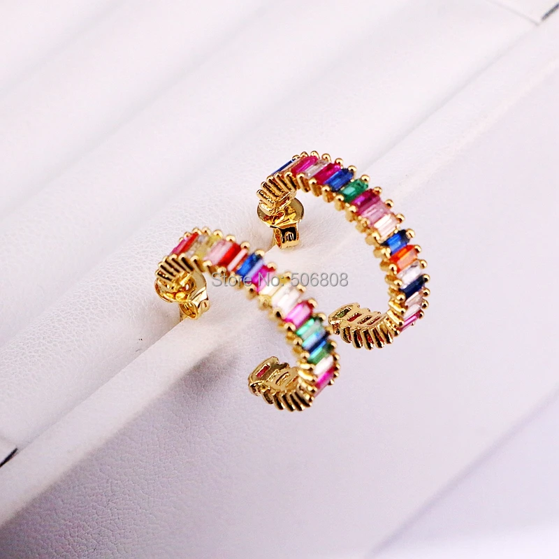 

6 Pairs, Rainbow Circle Stud Earrings, Colorful Baguette CZ C Shaped Earring For Women Jewelry Gift