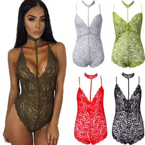 2019 New Fashion USA Womens Ladies Lace Bodysuit Blouse Sexy Lingerie Choker Spaghetti Strap Romper Tops Sleepwear | Женская одежда