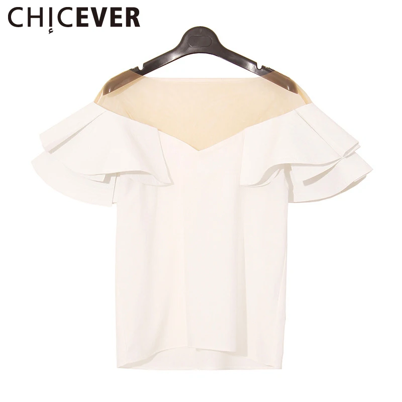

CHICEVER Patchwork Mesh Top Female Butterfly Sleeve Ruffle Women's Shirt Sexy Transparent Tops Casual Clothes Plus Sizes Summer