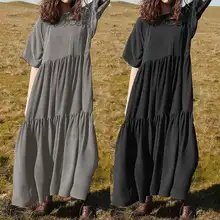 Женское летнее платье, винтажное платье с коротким рукавом, повседневное свободное Плиссированное Платье-рубашка, однотонные вечерние платья размера плюс, длинное платье макси Vestidos