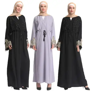 

Muslim Women Maxi Robe Abaya Long Dress Sequins Lace Patchwork Jilbab Gown Embroidery Drawstring Islamic Clothing Prayer Fashion