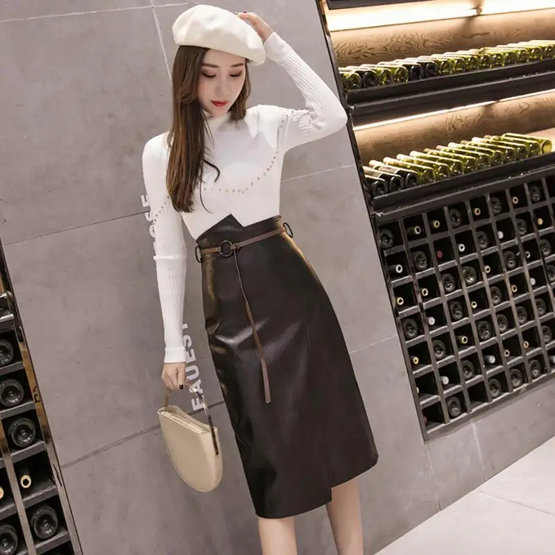 

Two Colors Women's High Waist Was Thin Irregular Step Skirt Skirt Long Skirt Leather Skirt Workplace Casual Style