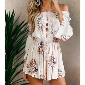 

Women Fashion Off Shoulder Floral Print Rompers 2019 New Hollow Out Sexy Short Jumpsuit Casual Long Sleeve Summer Overalls