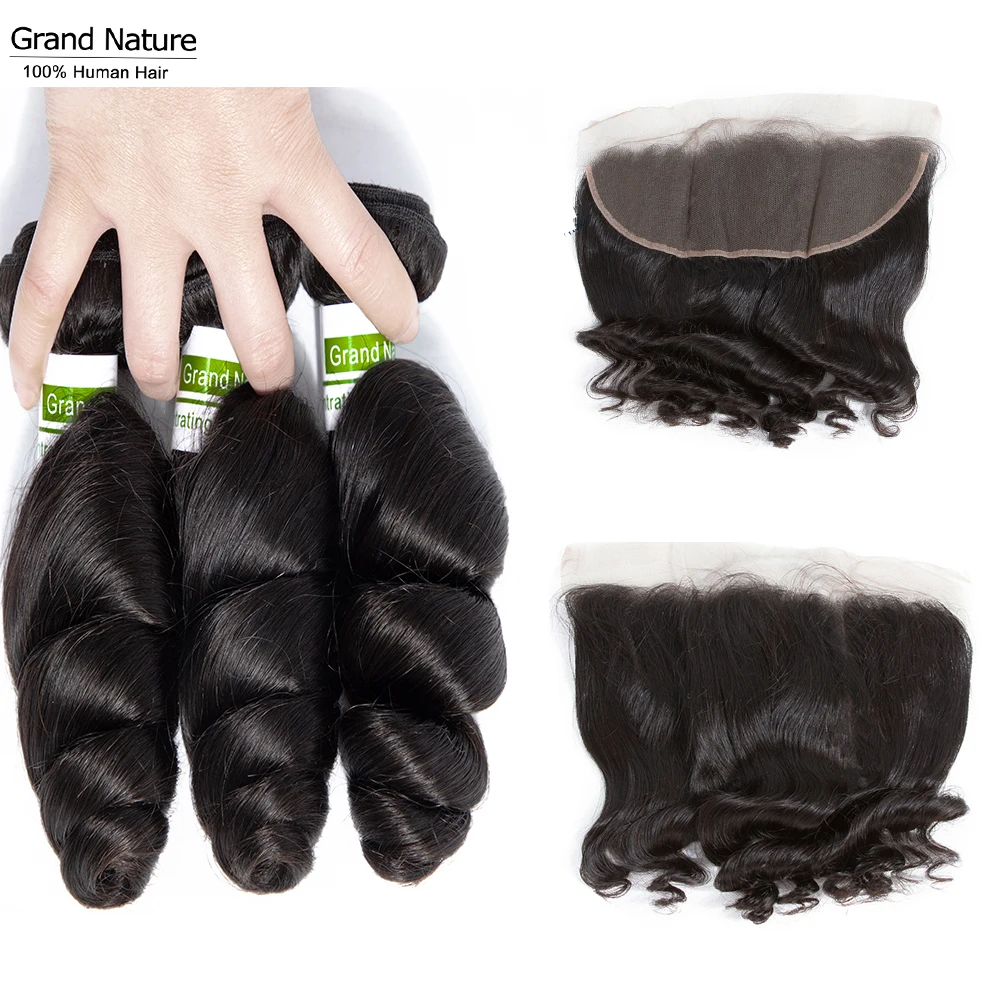 

Brazilian hair weave bundles with closure loose wave 13x4inch natural color Lace frontal closure with 3bundles remy hair