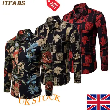 

Mens Casual Shirt Long Sleeve Slim Fit Floral Shirts Cotton Dress Shirts Tops