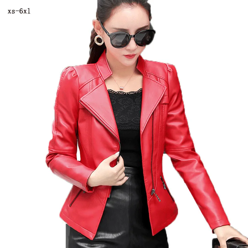 

2019 Plus Size XS 6XL Motorcycle Leather Women Jacket Zipper Black Red Artificial Leather Short Coat Autumn Slim Coat Ladies H59