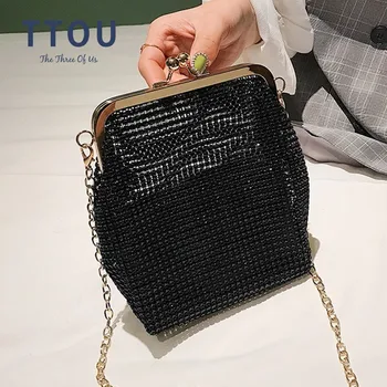 

TTOU Shinny Clutch Evening Bag Women Sequined Soft Shoulder Bag Lady 2pcs/set Composite Bag Hollow Out Chain Bag bolsa feminina