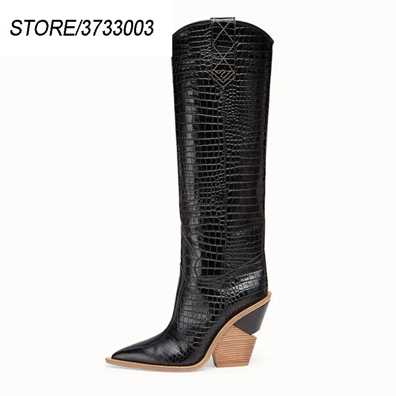 

Knee High Boots Women Fashion Catwalk Boots Serpentine Unique Patchwork Chunky Heel Point Toe Fall Winter Botas Mujer