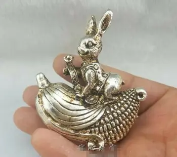 

China Decorated Handwork Miao Silver Carving Rabbit Sitting On The Corn Statue