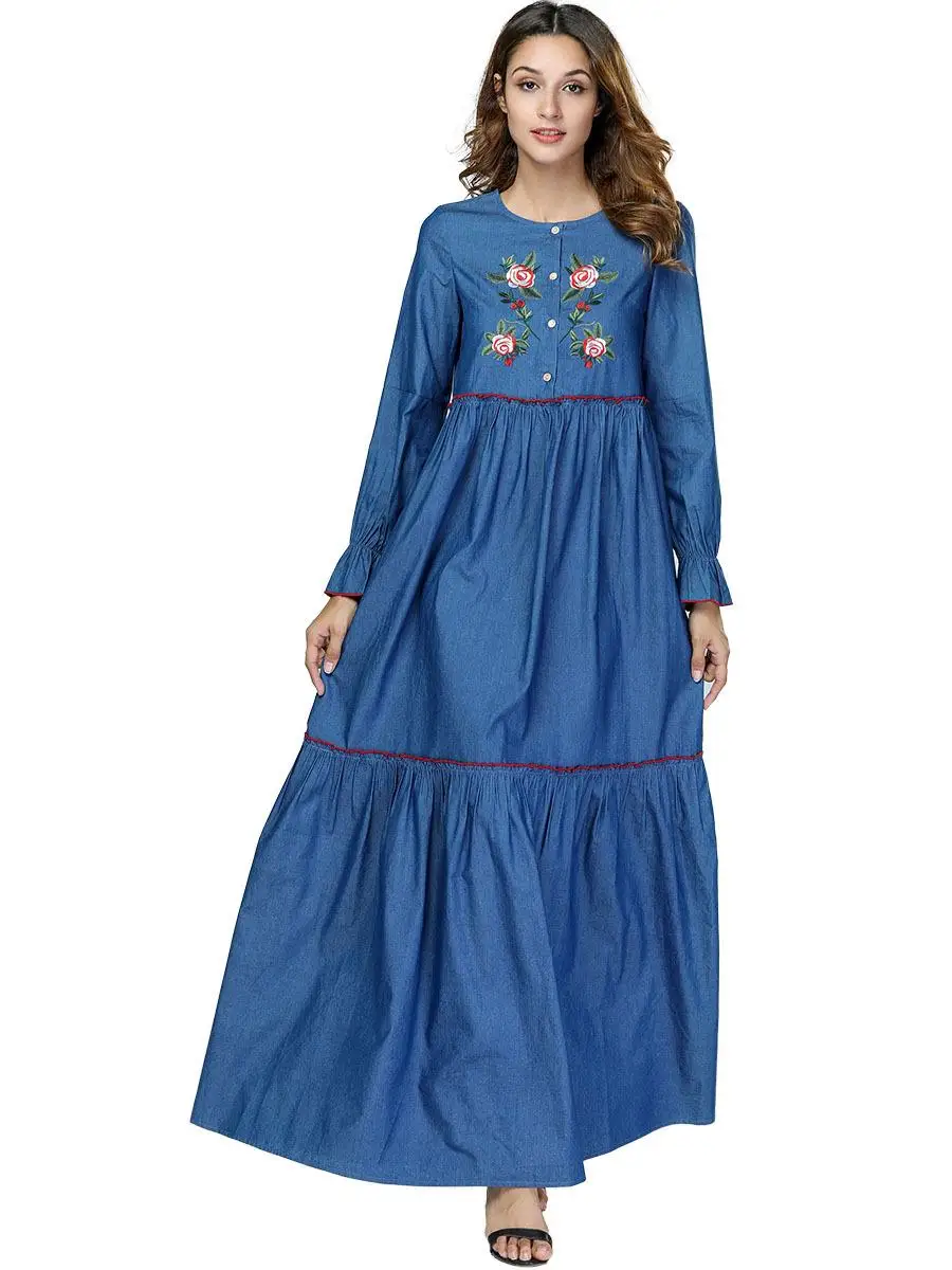 

Muslim Women Denim Embroidery Dress Maxi Draped Design Long Gown Buttons Patchwork Islamic Abaya Robes Party Cocktail Dresses