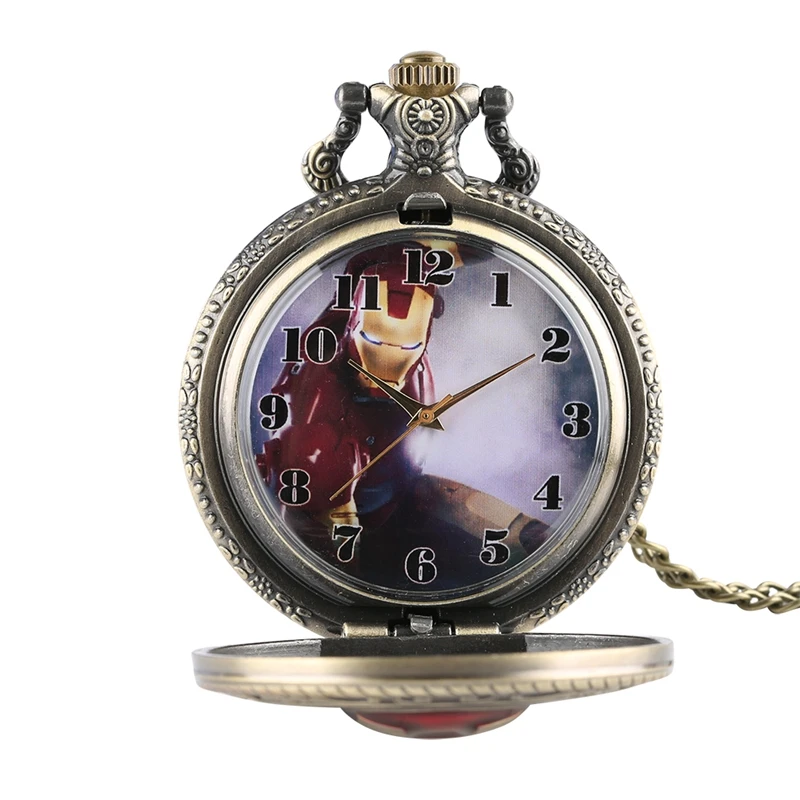 Awesome Iron Man Top Vintage Pocket Watch Quartz Analog Mask Superman Necklace Chain Copper Avengers Gifts for Men Collectibles