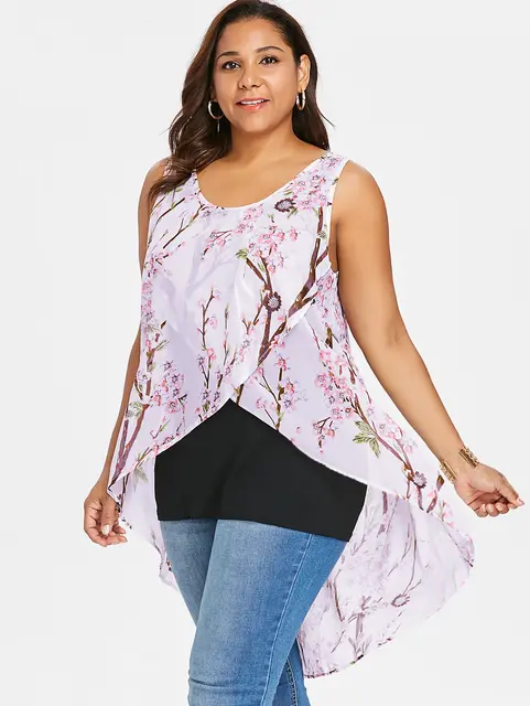 Wipalo Plus Size 5XL Tiny Floral Overlap Sleeveless Top Women Summer Big Size Clothing Chiffon Trim Blouse Tank Casual Tanks Top