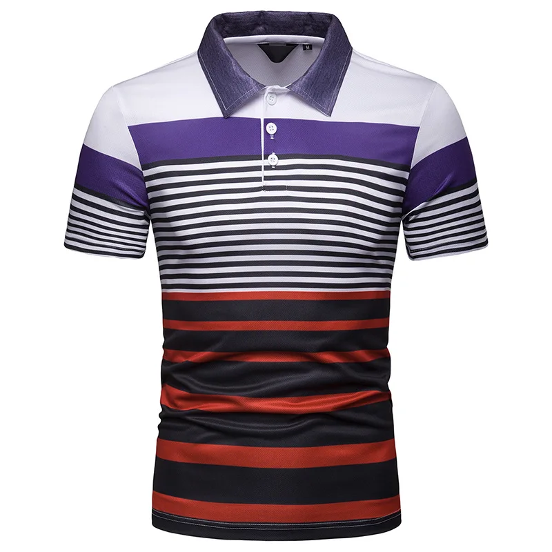 

2019 Free Shipping New Summer Men's Short Sleeve Polo Shirt Male Contrast Color Stripe Print Slim Lapel Casual Mens Polo Shirt