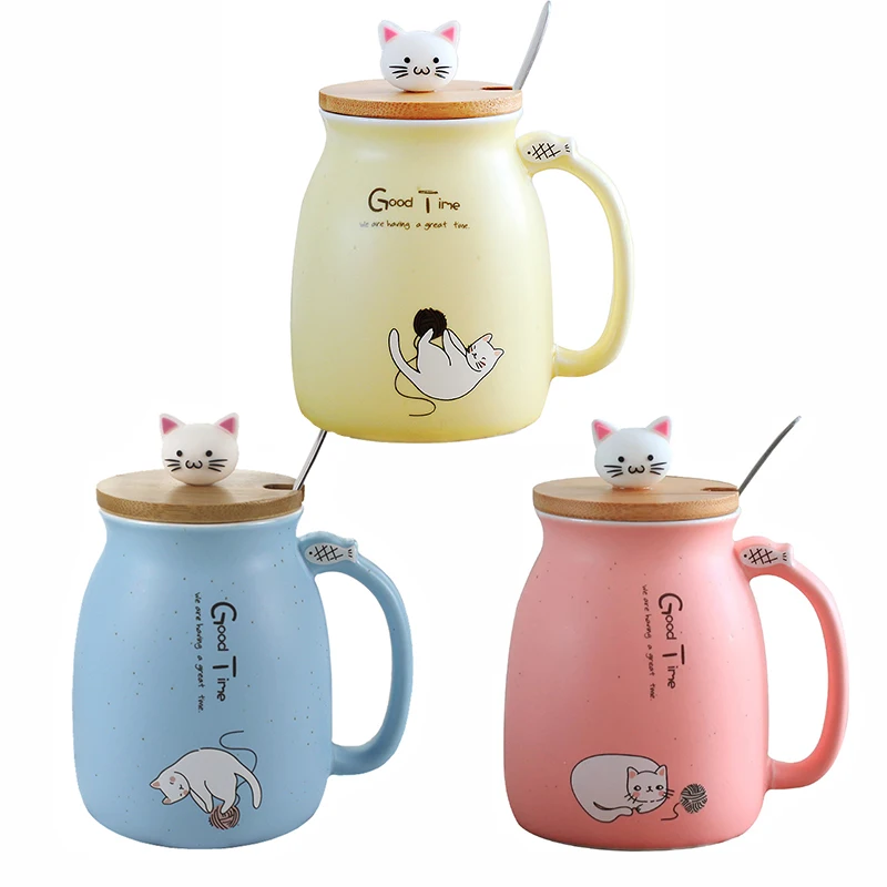 Creative Mug heat-resistant cartoon with lid Spoon cup kitten coffee ceramic mugs children office Cute Cat Drinkware gift | Дом и сад
