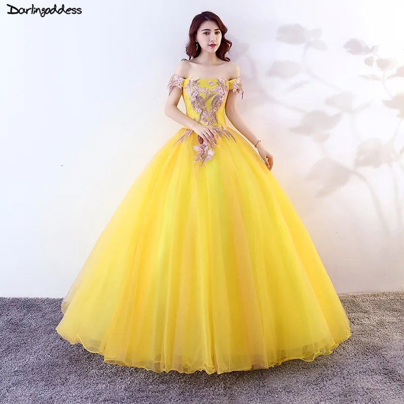 Vestidos De 15 Anos 2019 Дешевое бальное платье с открытыми плечами кружевное желтое
