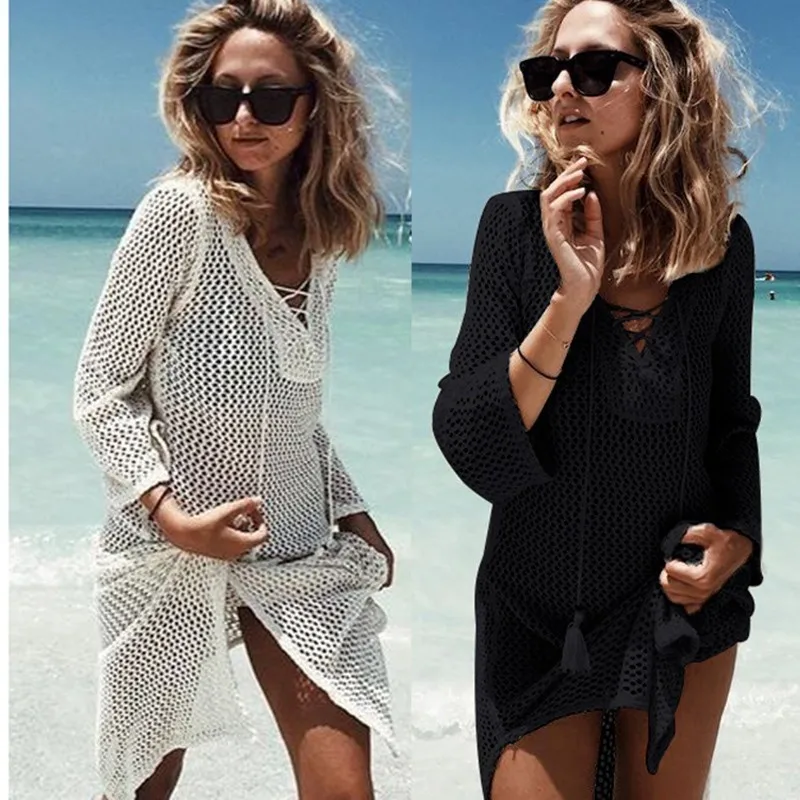 

Sexy Solid Mesh Beach Wear Knitting Hollow Beach Dress Women Cover Ups Summer Bandage Bikinis Tunic Robe Ropa De Playa Mujer