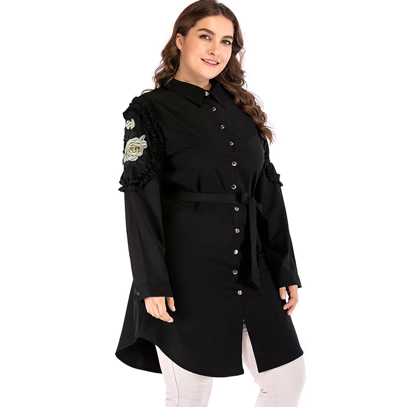 Женские топы и блузки 3XL 4XL 5XL размера плюс, длинная рубашка в мусульманском стиле с длинным рукавом и оборками, вышитые цветочные пуговицы, топы на Ближнем Востоке