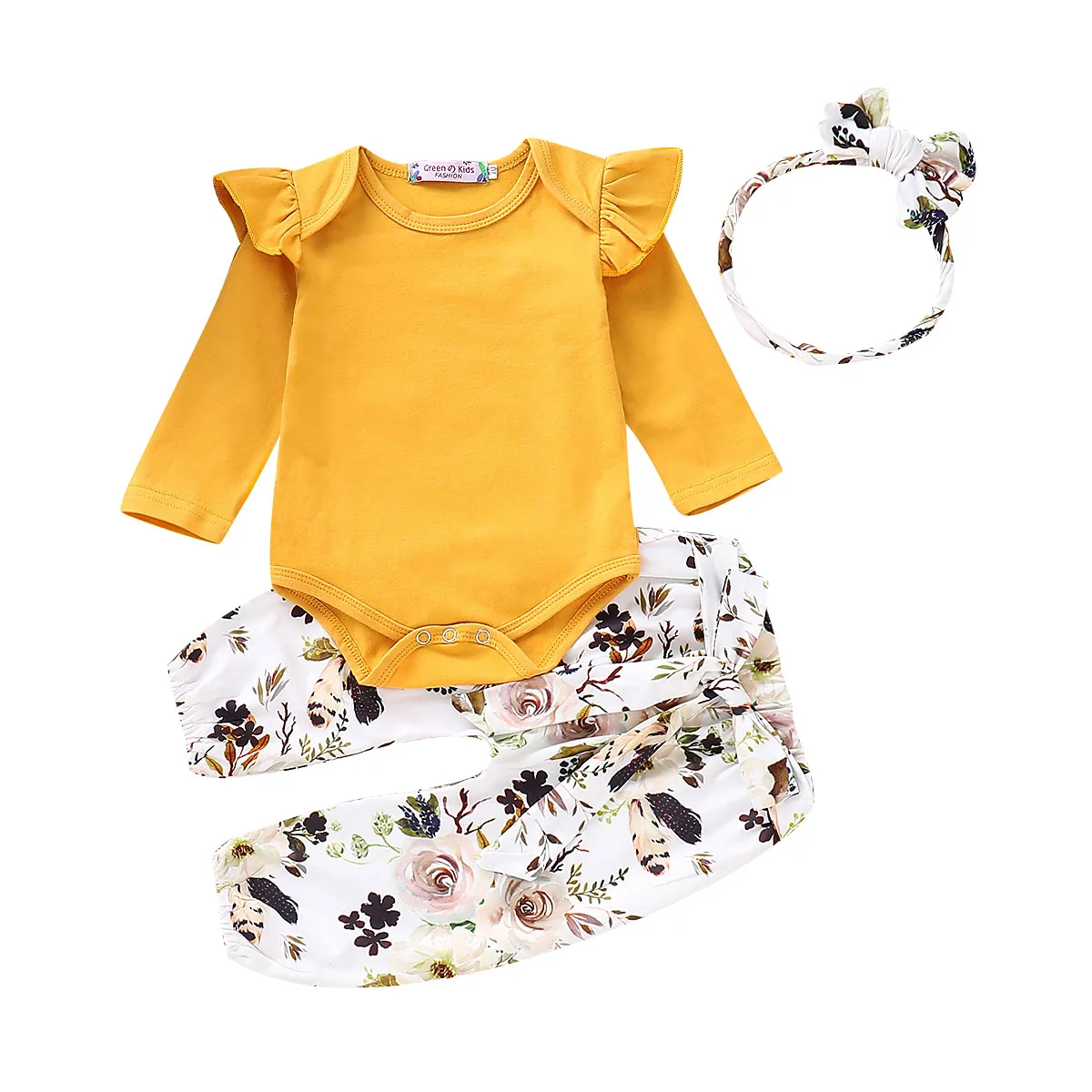 

2019 Newest Style Newborn Baby Girl Two Colors Clothes Ruffles Long Sleeve Top+Floral Pants+Headband 3PCS Outfits Set 0-18M