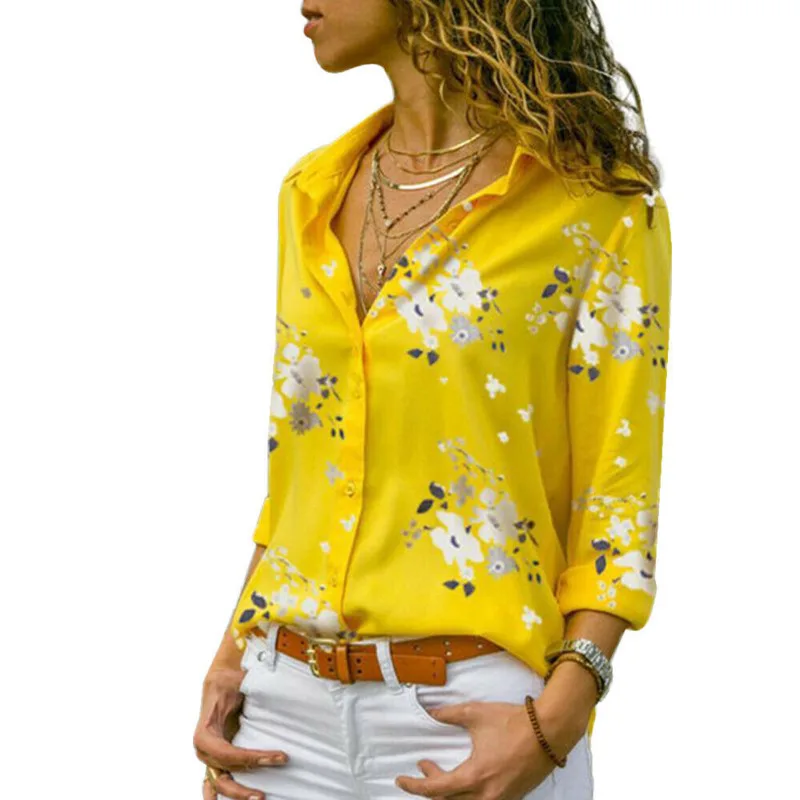 Женские рубашки с цветочным принтом, лето-осень, Повседневная шифоновая блузка с отложным воротником, Женский Топ с длинным рукавом, блузка, женская рубашка