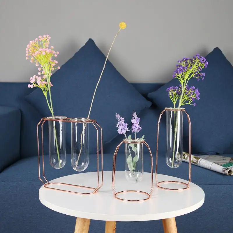 

Affordable Lluxury 1Set Nordic Style Glass Iron Art Vase Rose Gold Ceometric Shape Flowerpot Home Wedding Decoration Accessories