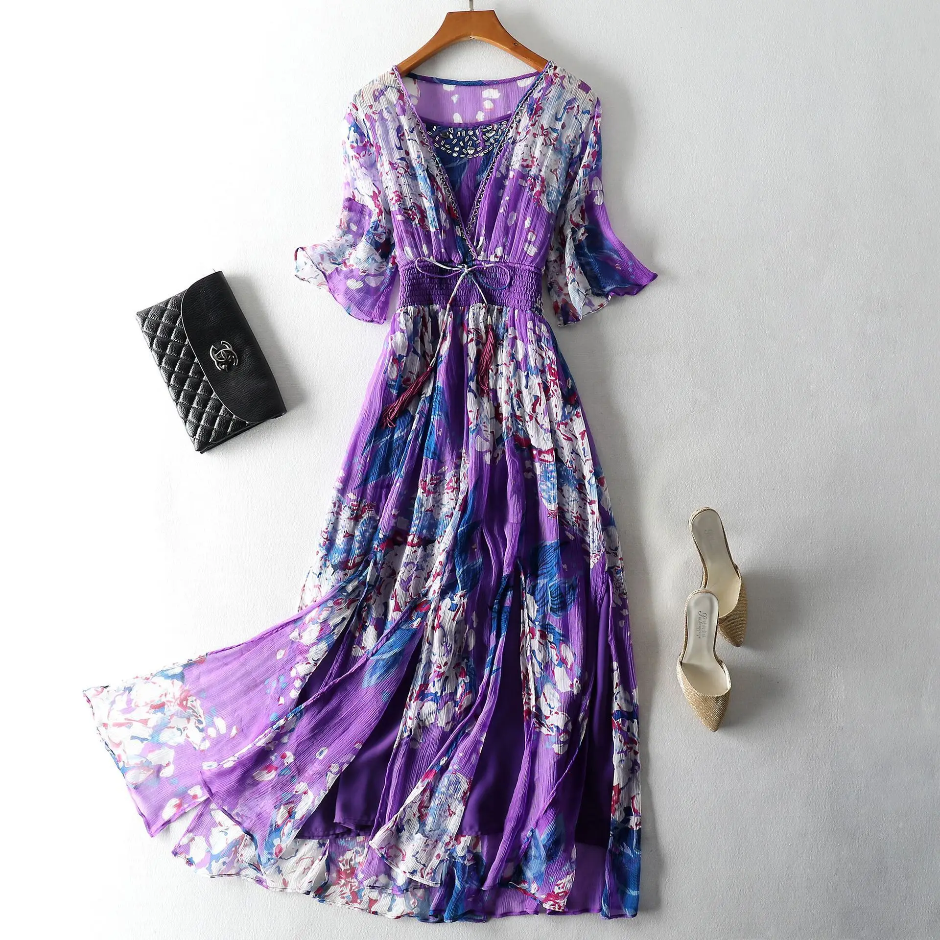 

High Grade Dress 2019 Newest Summer Purple Elegant Silk Dress Women V-neck Sexy Holiday Beach Bohemian Dress Vestidos
