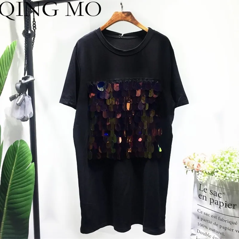 

QING MO Sequins T Shirt Dress Women Patchwork Dress 2019 Summer Black Short Sleeve Dress Women Casual Loose Mini Dresses QF698