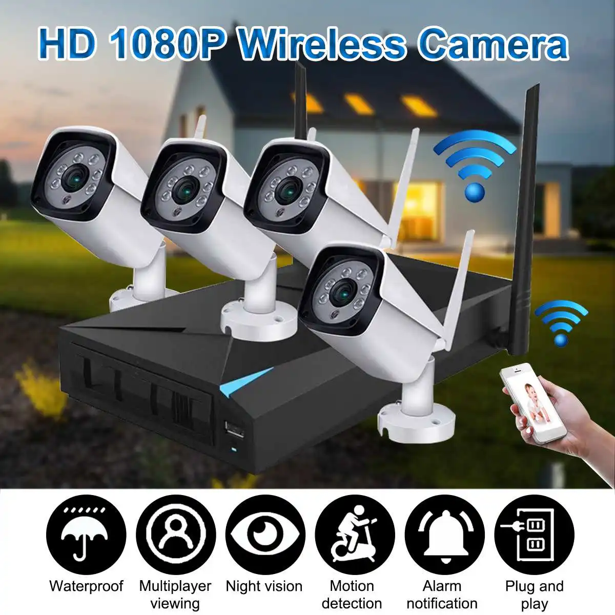 

New IP66 Wireless CCTV System 1080P 4CH NVR Audio Record PIR Sensor IP Camera WIFI CCTV Security camera Video Surveillance Kit