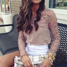 T-shirt à manches longues hauts femmes, élégant T-shirt cousu, ample, en dentelle ajourée, nouvelle mode été 2019
