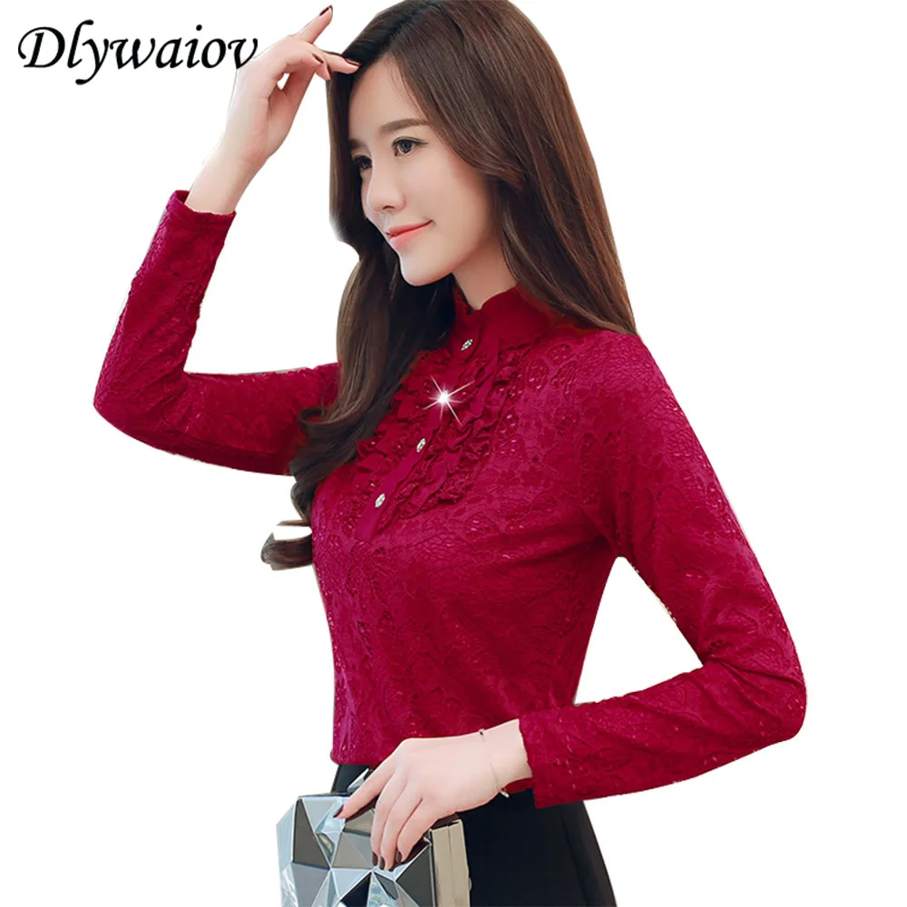 

2018 Autumn Korean Lace Long Sleeve Shirt Women Tops Elegant Ruffled Button Lace Blouse Winter Plus Size Female Clothing
