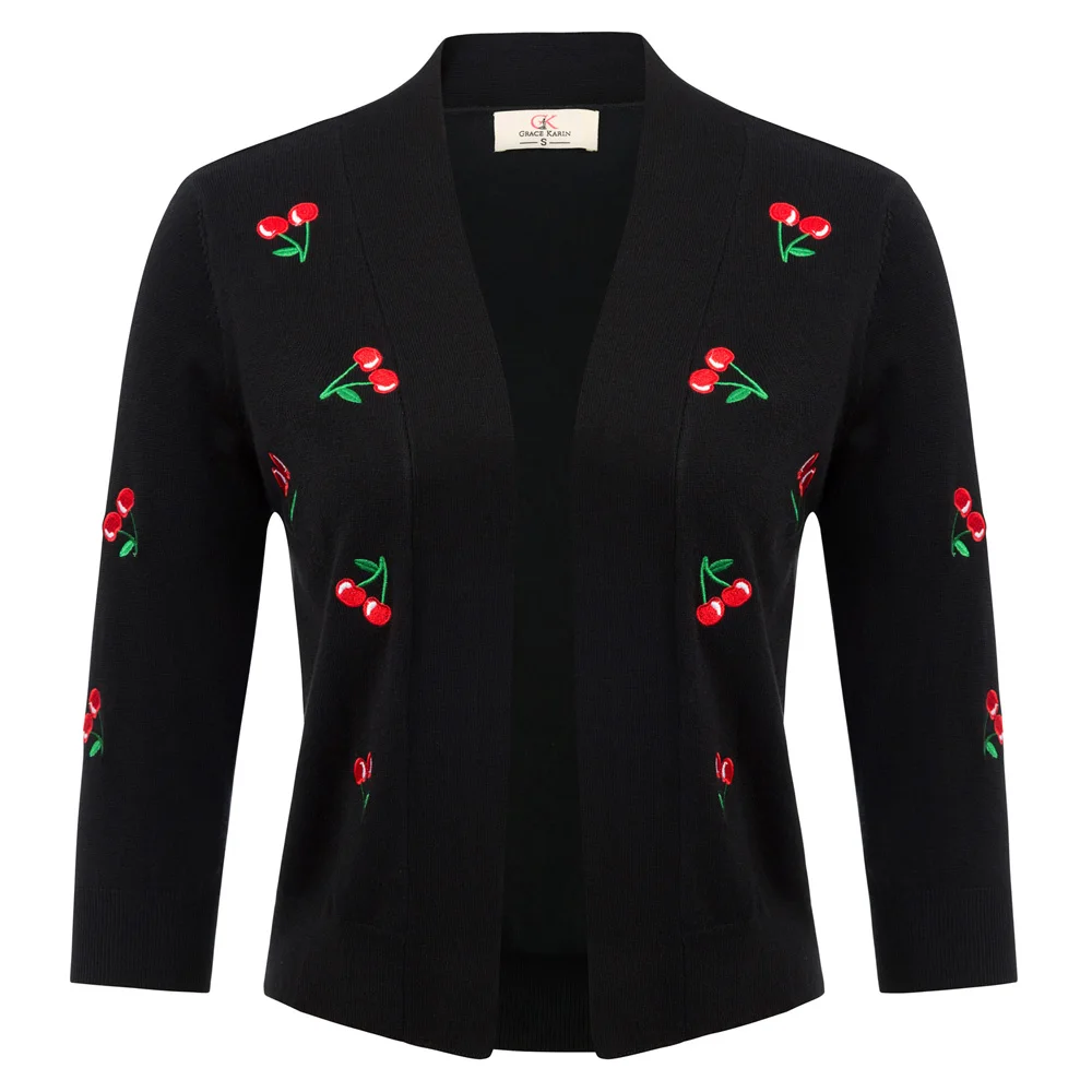 

GK autumn short coat Women Cherries Embroidery three quarter Sleeve Open Front Cropped Length Knitting Coat elegant shrug bolero