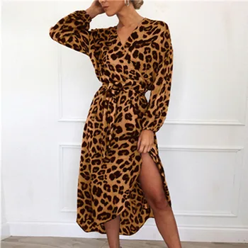 

New Spring Fashion Women Long Sleeve Loose Casual Leoprrd Print Party Evening Midi Dress