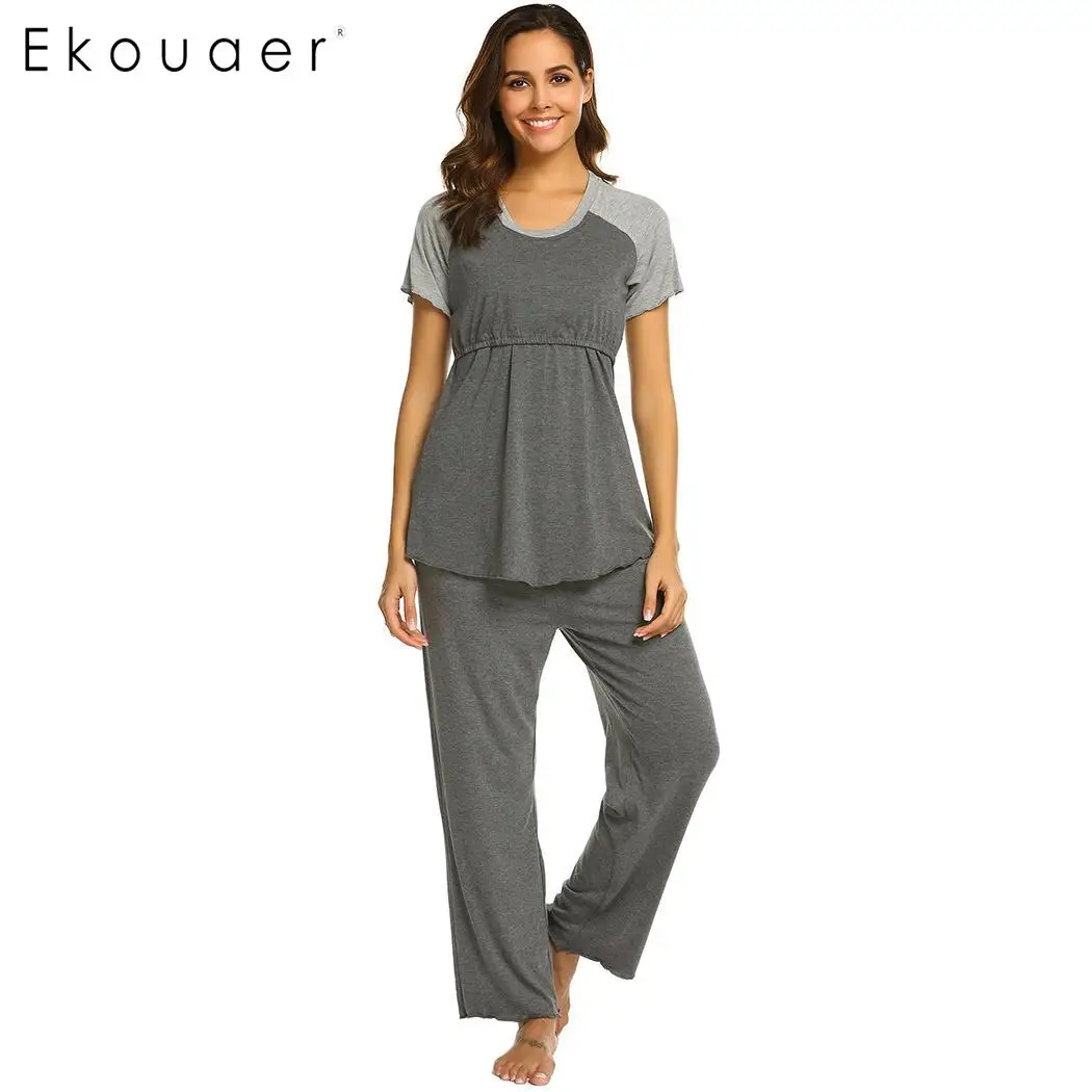 Ekouaer пижамы пижамные комплекты Женские повседневные однотонные рубашки с рукавом три четверти топ длинные брюки пижамные комплекты женские мягкие домашние костюмы