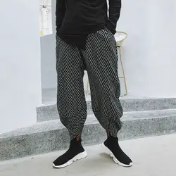 2018 зимние корейские Для мужчин Повседневное свободные Сгущает полосы шерстяные широкие брюки штаны-шаровары эластичный пояс облегающие