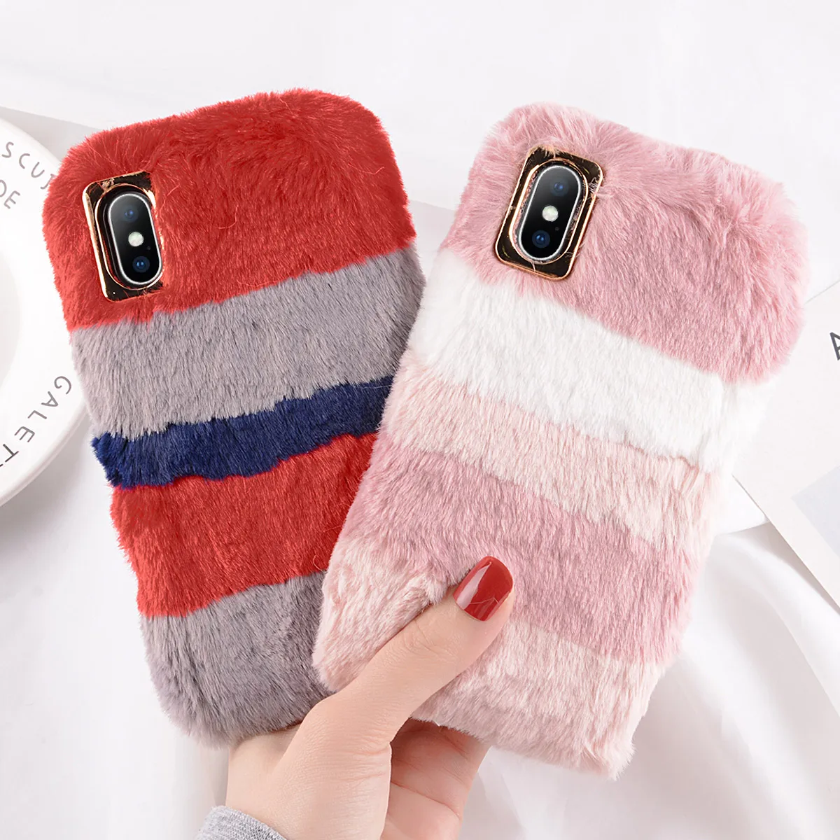 

Moskado Stripe Plush Case For iPhone 6 6S 7 8 Plus X XR XS Max Case Cute Winter Warm Furry Soft PU For iPhone 7 Phone Case Coque