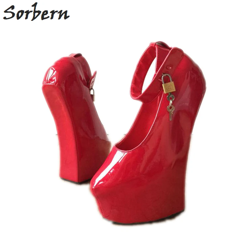 

Sorbern Sexy Fetish Heelless Pumps Thick Sole Hoof Sole Platform Pump Lockable Padlock Strap Patent Red Shoes Female Pumps 2018