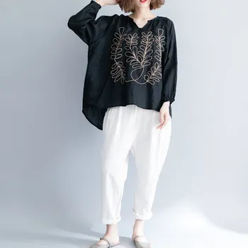 

Women Vintage Black Embroidery Shirts Female Cotton Linen Loose Tops Spring Autumn Long Sleeve Thin Blouse