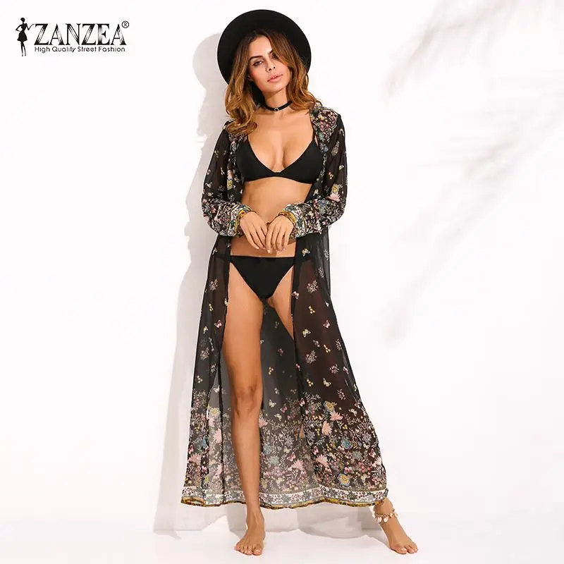 

Bohemian Women Long Cardigan ZANZEA 2019 Vintage Floral Printed Chiffon Shirt Summer Beach Kimono Casual Maxi Vestido Femininas