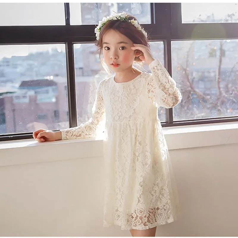 

Party Big Girls Dresses Size10 12 8 6 4 2 Long Sleeve Baby Girls Clothes Spring Autumn Lace White Kid Dress Clothing 2019 New